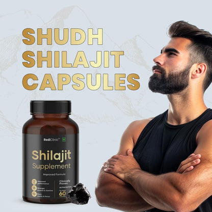 RediClinic Shilajit/Shilajeet Capsules for Stamina, Muscle Growth & Energy | Swarna Bhasma, Gokshura, Ashwagandha |Shilajit for Men | 100% Ayurvedic | Pack of 1-60 Capsules