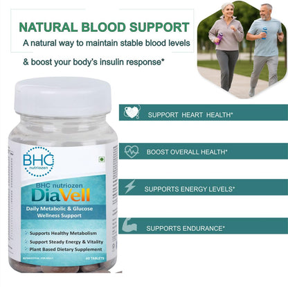 BHC nutriozen Diavell Diabetes Support Tablets | High Potency Blood Sugar Control Formula | Triple Action – Glucose Metabolism Support, Insulin Sensitivity & Sugar Craving Reduction | Weight Management with Vitamins & Minerals | 60 Veg Tablets
