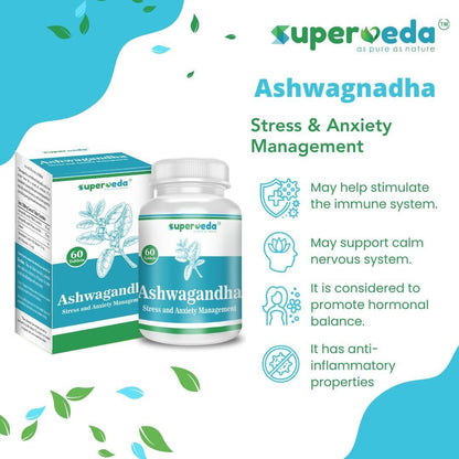 Superveda Ashwagandha 500mg | Immunity Booster | Support Strength & Energy | Helps in Stress Management, Improve Energy and Stamina | For Men & Women | 60 Capsules (Pack of 1)