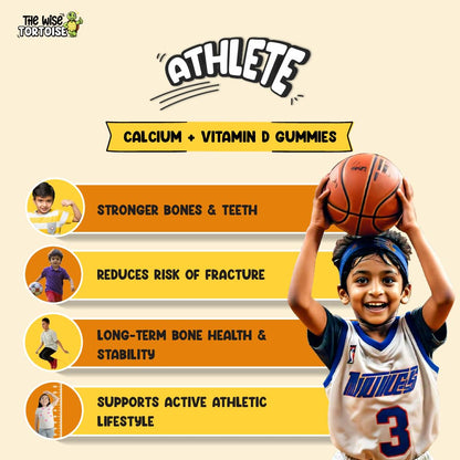 Athlete Kids Calcium + Vitamin D + Prebiotics Gummies | 0 Sugar | Bone Strength, Growth & Teeth Health | 5-15 Years | Mighty Mango Flavor | 30 Gummies | The Wise Tortoise TWT