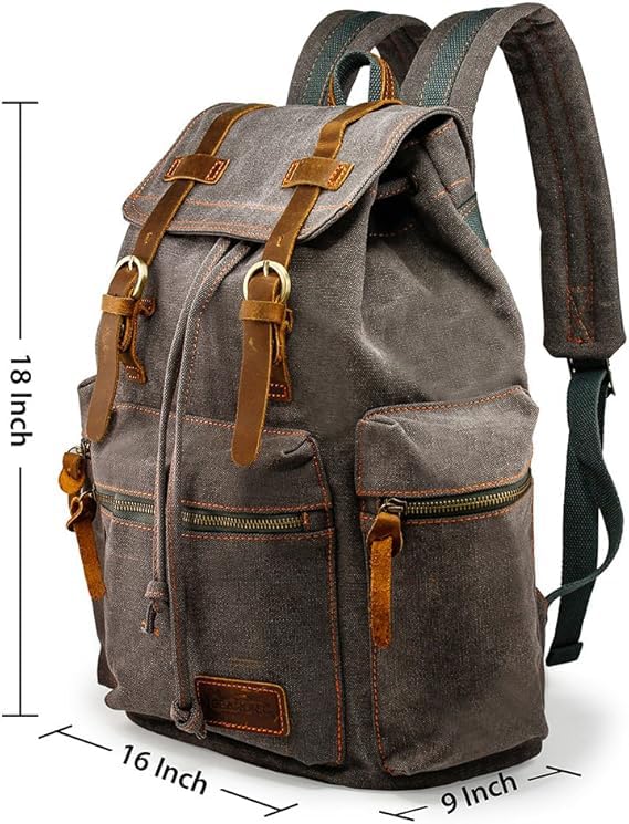 GEARONIC TM 21L Vintage Canvas Backpack for Men Leather Rucksack Knapsack 15 inch Laptop Tote Satchel School Military Army Shoulder Rucksack Hiking Bag Gray