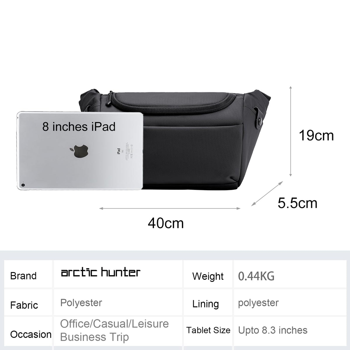 Arctic Hunter Sling Bag for Men Small 4L Side Bag for upto 8" iPad Padded Multi-pocket Chest Bag Lightweight Crossbody Pack Lightweight Water-resistant messenger Bag for Casual Office, Black