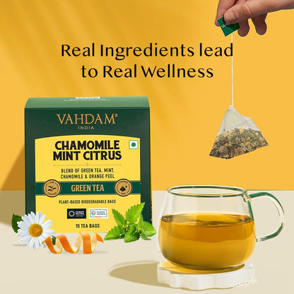 VAHDAM Chamomile Mint Citrus Green Tea | 15 Tea Bags | Refreshing Wellness Green Tea Blend with Real Chamomile, Spearmint & Lemongrass | Calming, Antioxidant Green Tea | Non-GMO, Gluten-Free