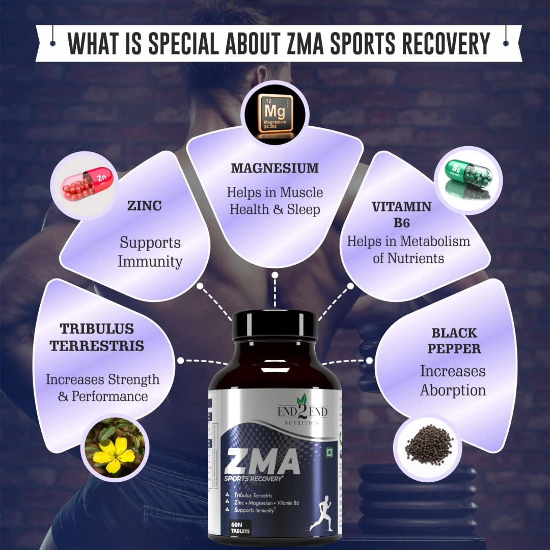 End2End Nutrition Zinc Magnesium Aspartate (ZMA) Supplement for Men & Women with Tribulus, Vitamin B6 and Piperine | High Absorption for Better Sleep, Muscle Cramps, Nerves Health & Sports Recovery - 120 Tablets