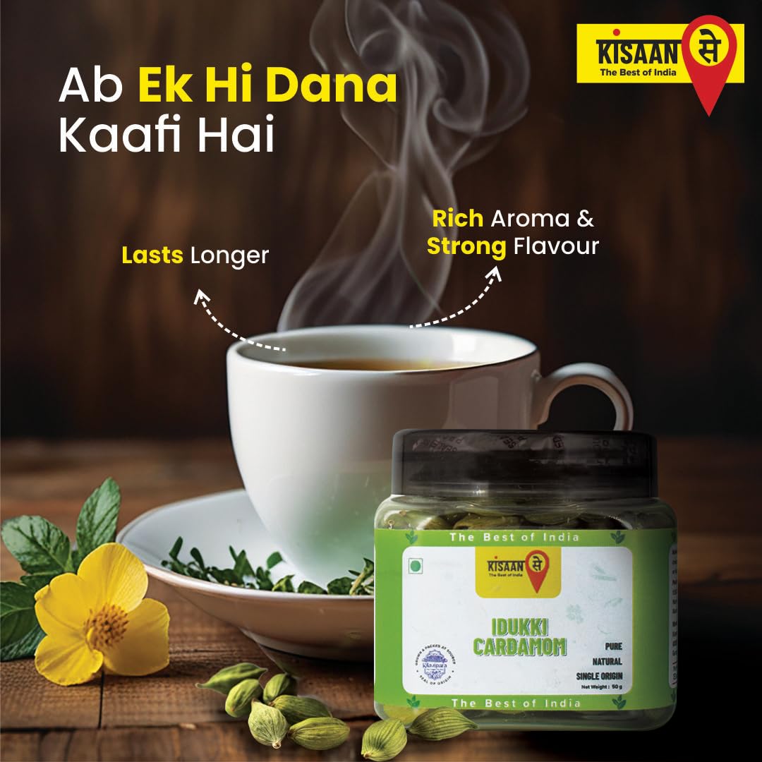 KisaanSay Idukki Cardamom 50 gm Bold Size (7 to 8 mm) | Bold Size | Pure Elaichi | Natural | Distinctive Flavour & Aroma | No Artificial Colors