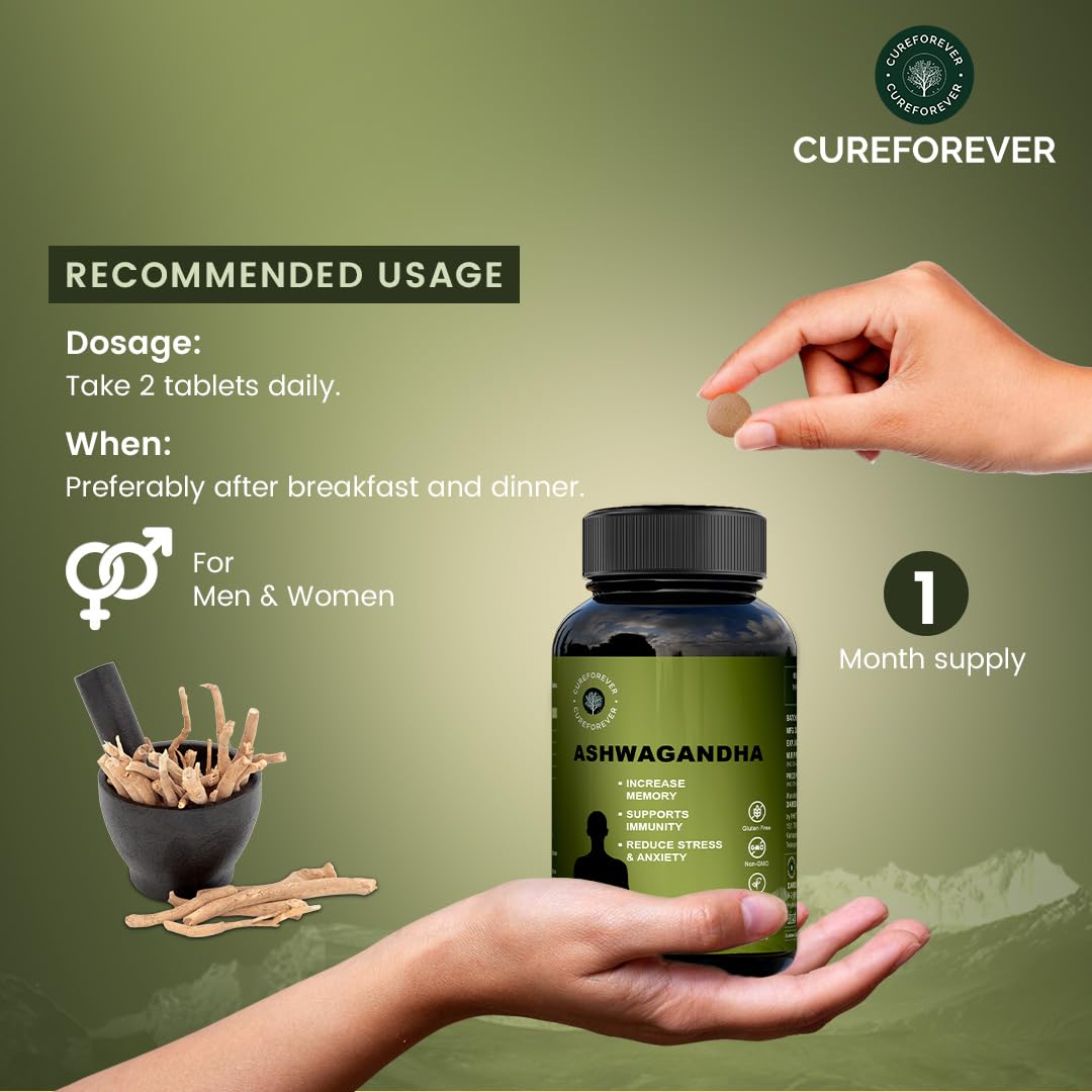 CUREFOREVER Ashwagandha Supplement 1200mg - 60 Tablets for Men & Women,- image 2