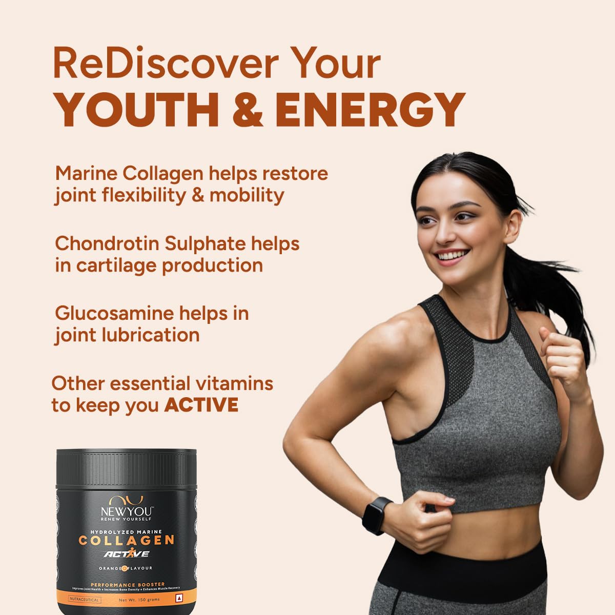 NewYou Collagen Active Performance Booster | Enhances Joint Movement, Bone Strength & Flexibility | Helps Reduce Back & Knee Pain | Japanese Marine Collagen + Glucosamine + Hyalu