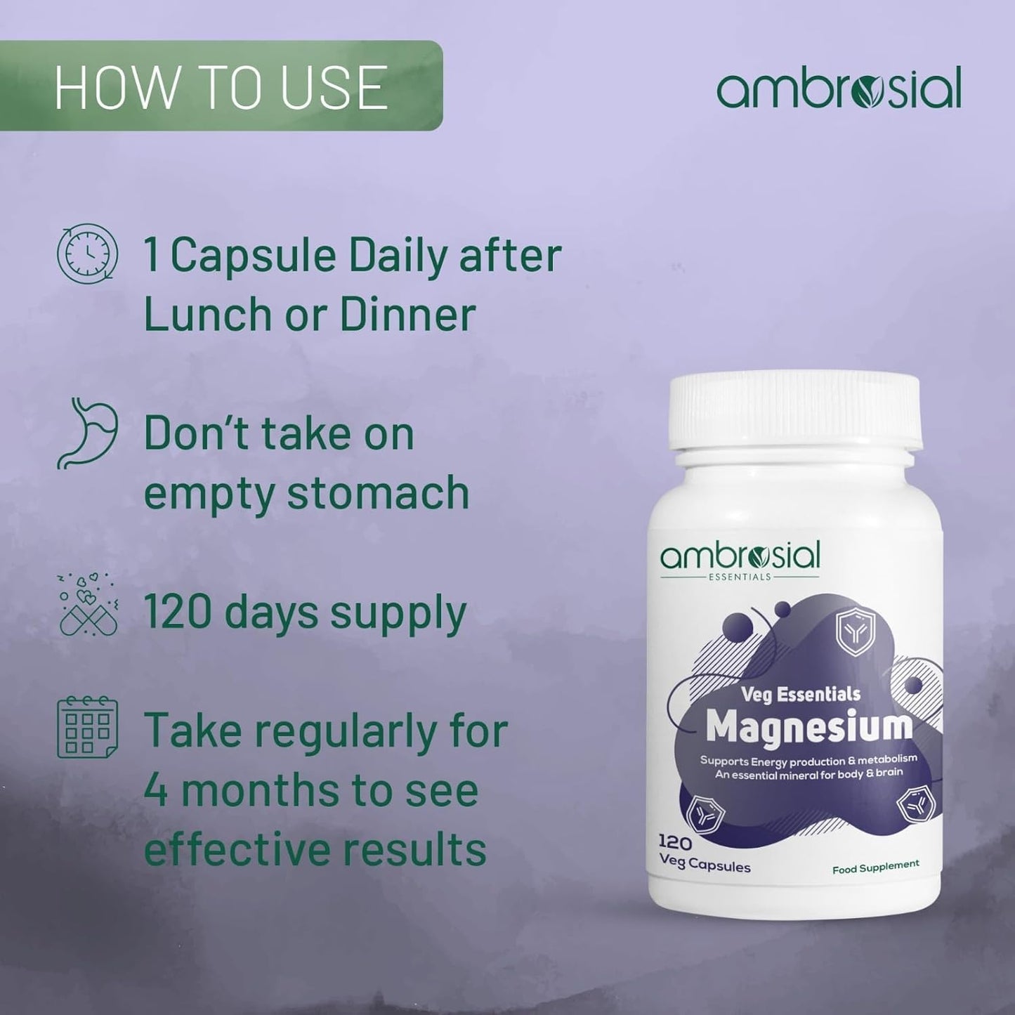 Ambrosial Magnesium Complex Food Supplement | Increases Muscle Functions | Reduces Tiredness | Boosts Energy Levels (Pack of 1-120 Capsules)
