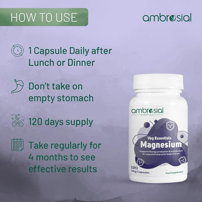 Ambrosial Magnesium Complex Food Supplement | Increases Muscle Functions | Reduces Tiredness | Boosts Energy Levels (Pack of 1-120 Capsules)
