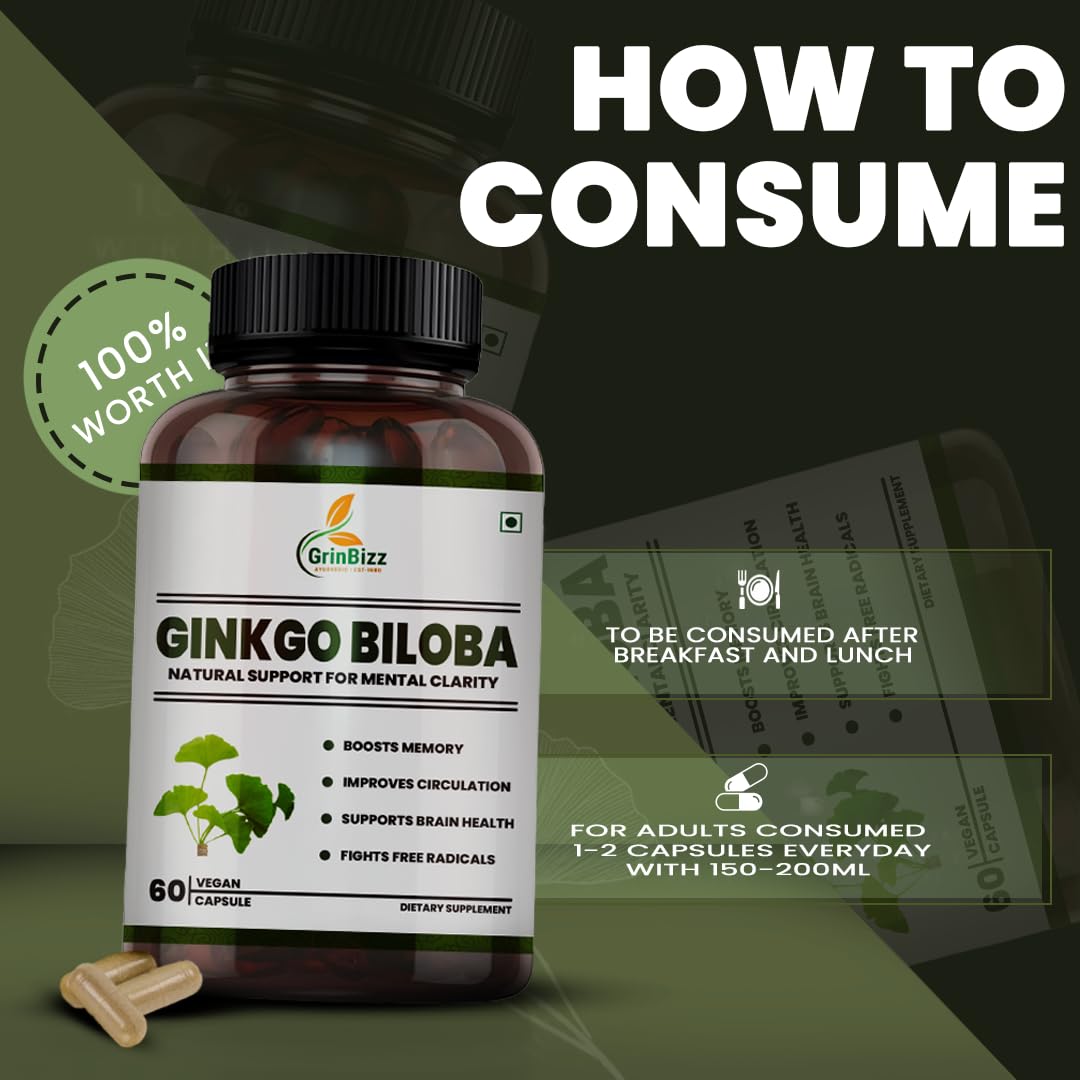 Grinbizz Ginkgo Biloba Capsules | Supports Memory, Focus & Brain Health | Improves Circulation & Mental Clarity | Antioxidant Herbal Supplement | 60 Capsules