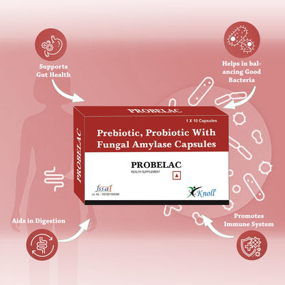 Knoll Healthcare Probelac Prebiotic Probiotic Capsules with Lactobacillus Acidophilus & Lactobacillus Rhamnosus | Fungal Amylase | Gut & Digestive Support | 30 Capsules (Pack of 3)
