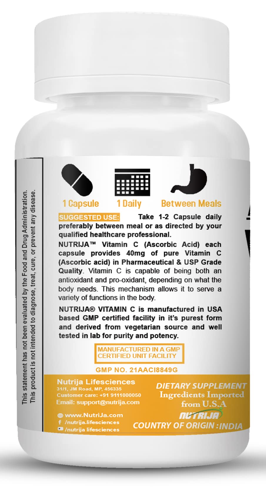 NutriJa Vitamin C/Ascorbic acid - 1000 | for immunity and increase collagen - 60 Capsules