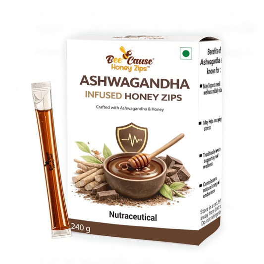 BeeCause Ashwagandha Infused Honey Zips (30 Zips) | Ayurvedic Stress Relief Honey | Ashwagandha Honey Sticks for Relaxation, Focus, Energy, Stamina & Immunity | Travel Friendly | 240g