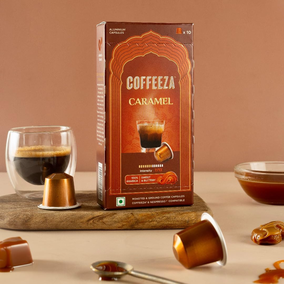 Coffeeza Caramel Flavoured Coffee Capsules, Intensity -7 | Aluminium Coffee Pods | 100% Arabica | Box of 1 (10 Capsules) | Brew Cold/Hot