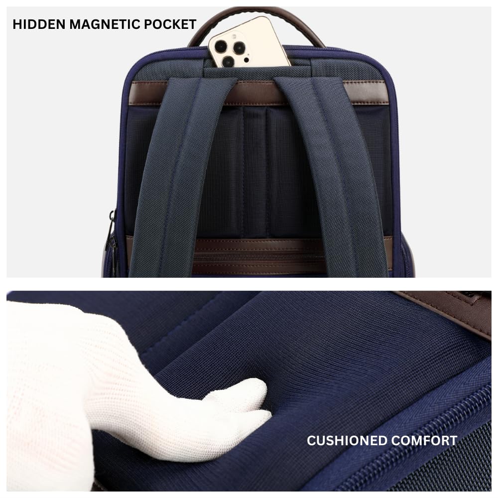 AETHON | Krossover 15.6-Inch Laptop Backpack | Water-Resistant with Multiple Pockets for Office, Travel | Shoulder Bag Made with Vegan Microfiber Leather (BLUE + BROWN)