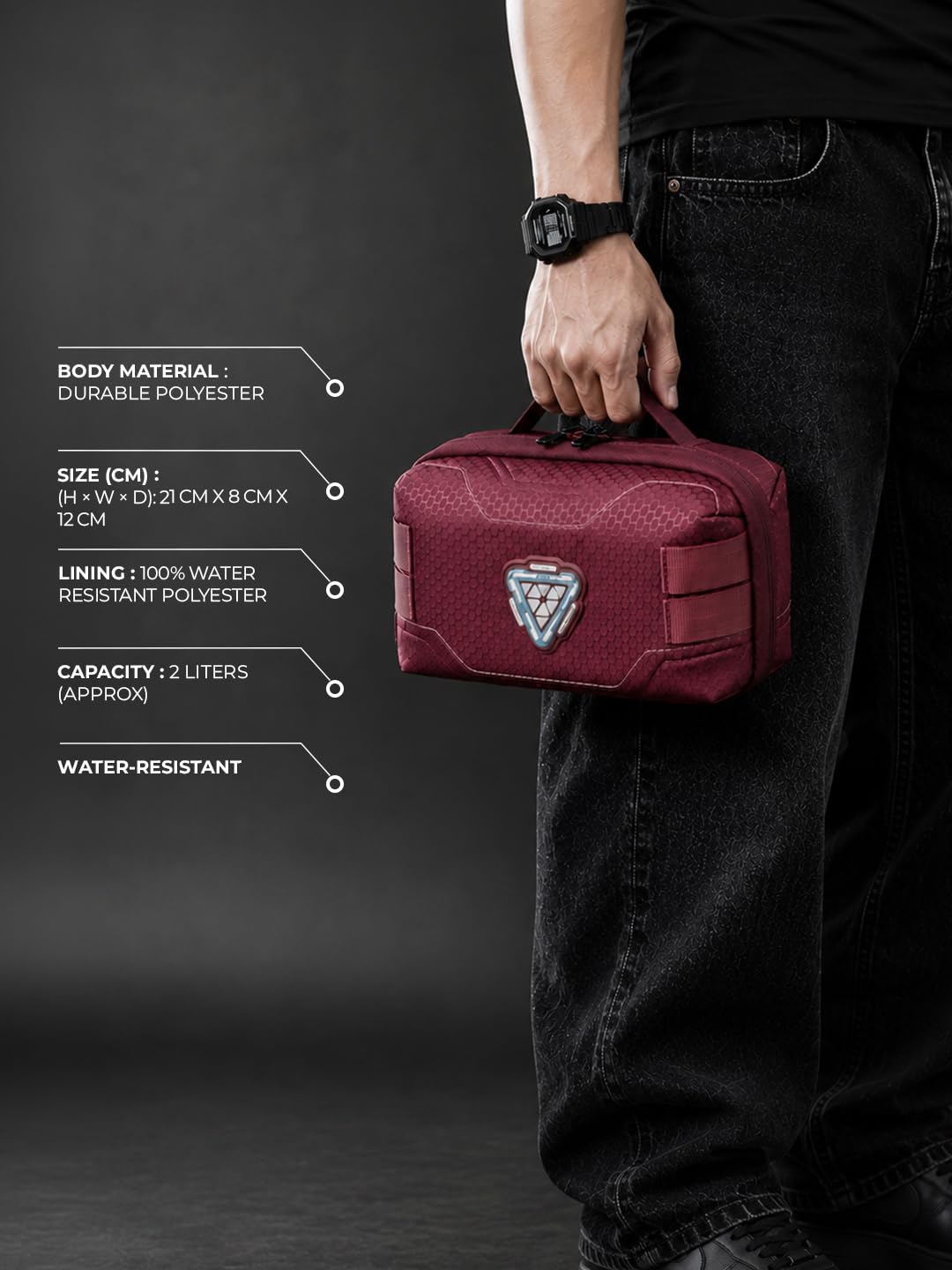 The Souled Store Iron Man: Stark Industries Tech Organizer – Maroon Water-Resistant Polyester Electronics Travel Pouch with 3D Arc Reactor Emblem for Chargers, Cables, and Gadgets