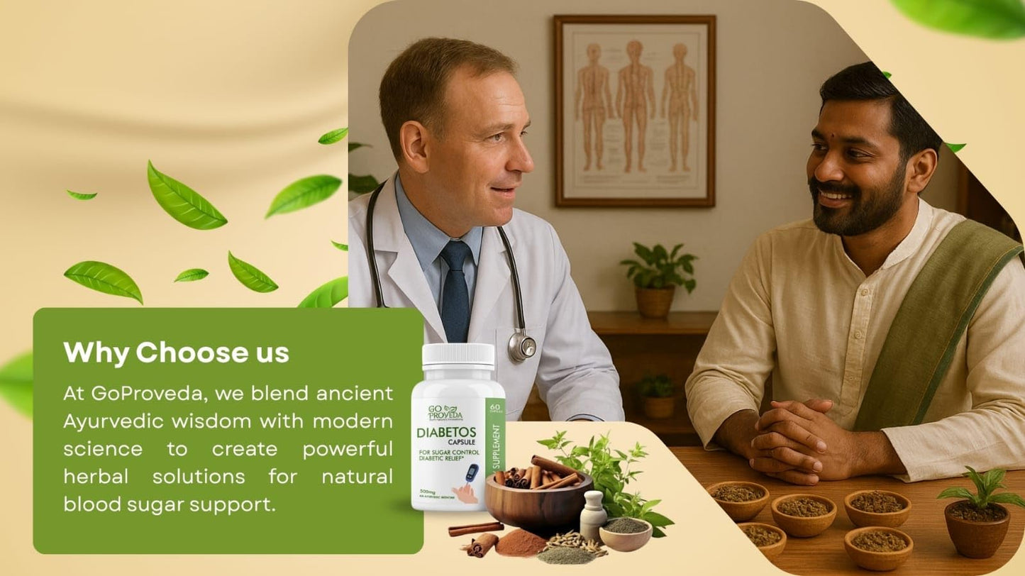 GoProVeda Diabetos Capsules | Ayurvedic Medicine for Blood Sugar & Diabetes Care | Karela, Jamun, Giloy & 9 More Herbs | 60 Capsules
