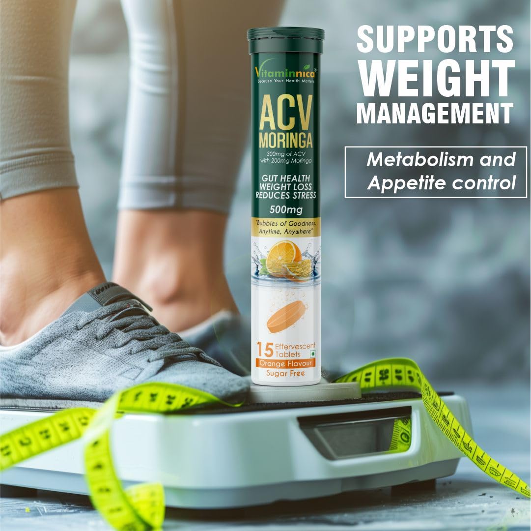 Vitaminnica ACV Moringa Effervescent Tablets | Controls Cravings, Supports Gut Health & Weight Management | Reduces Stress | Sugar Free Wellness Drink | Orange Flavour | 15 Tablets (Pack of 1)