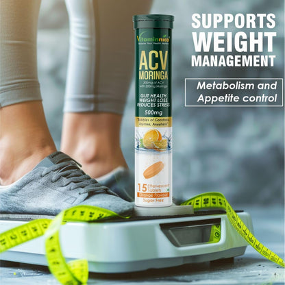 Vitaminnica ACV Moringa Effervescent Tablets | Controls Cravings, Supports Gut Health & Weight Management | Reduces Stress | Sugar Free Wellness Drink | Orange Flavour | 15 Tablets (Pack of 1)