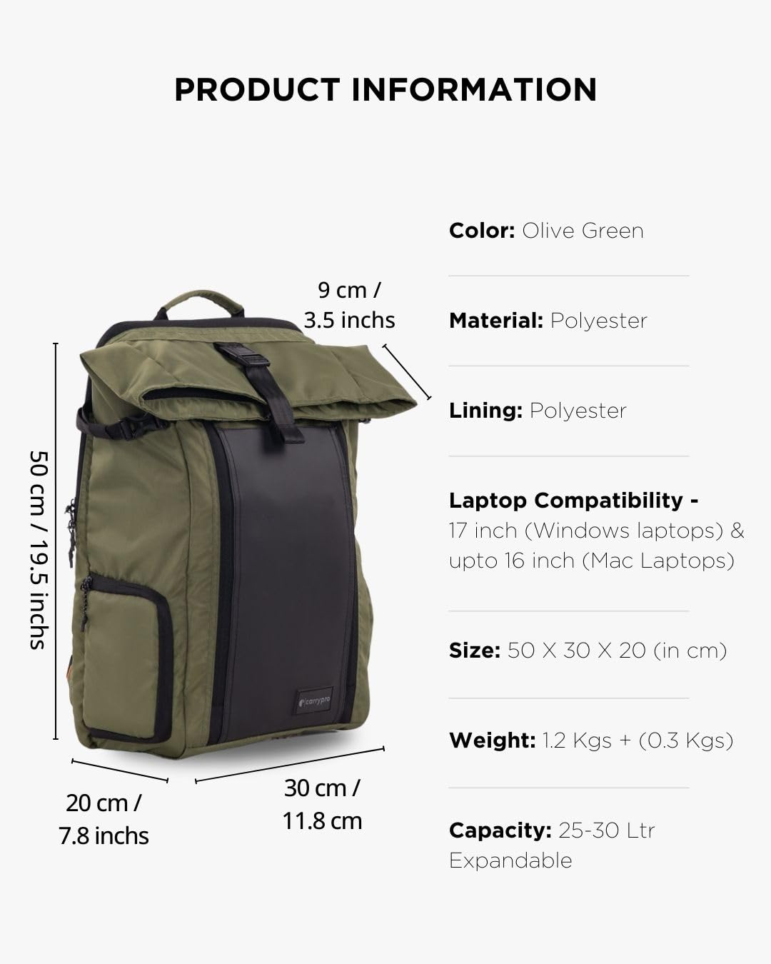 CarryPro HOBO25 V3.0 Roll-Top Zipper Laptop and Camera Travel Backpack (25-30L), Removable Camera Box, Water-Resistant + Raincover, 2-Yr Warranty – For Work, College & Travel (Olive Green)