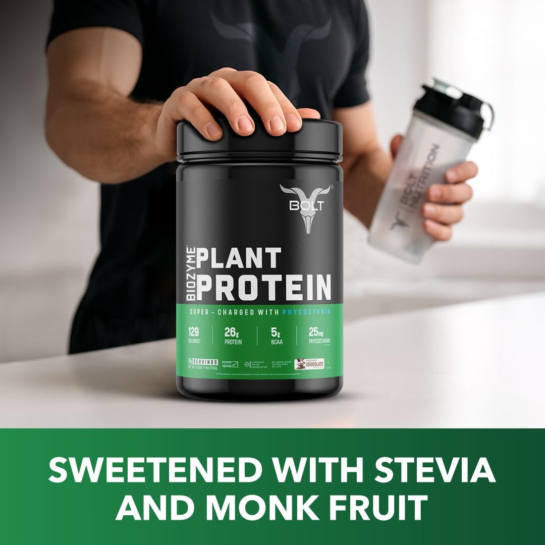 Bolt Biozyme Plant Protein | Vegan Protein with Superfood PHYCOCYANIN and Ayurvedic Herbs | Complete Amino Acid Profile for muscle Support and Recovery | 500gm, 14 Servings | Piedmont Chocolate