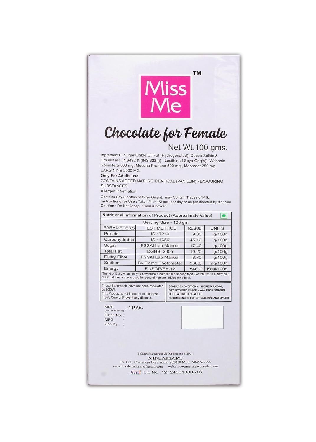 Miss Me Ayurvedic Female Wellness Combo | Herbal Female Drops 10 ml & Herbal Chocolate 100 g | Daily Mood Wellness Energy Support Combo for Women