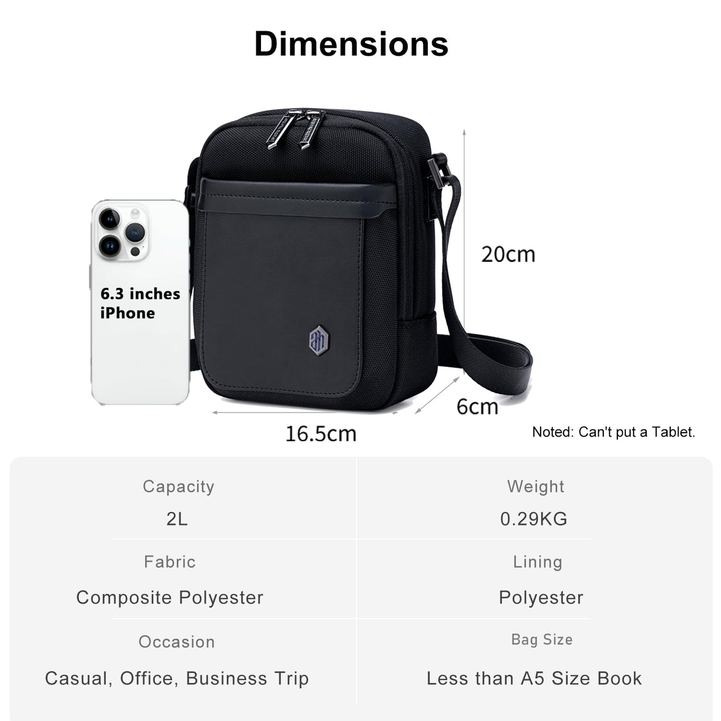 Arctic Hunter Small Sling Bag for Men 2L Compact Side Bag for Mobile Lightweight Multi-pocket Passport Bag for Men Mini Cash Bag Padded Shoulder Bag for Casual Office Daily, Black