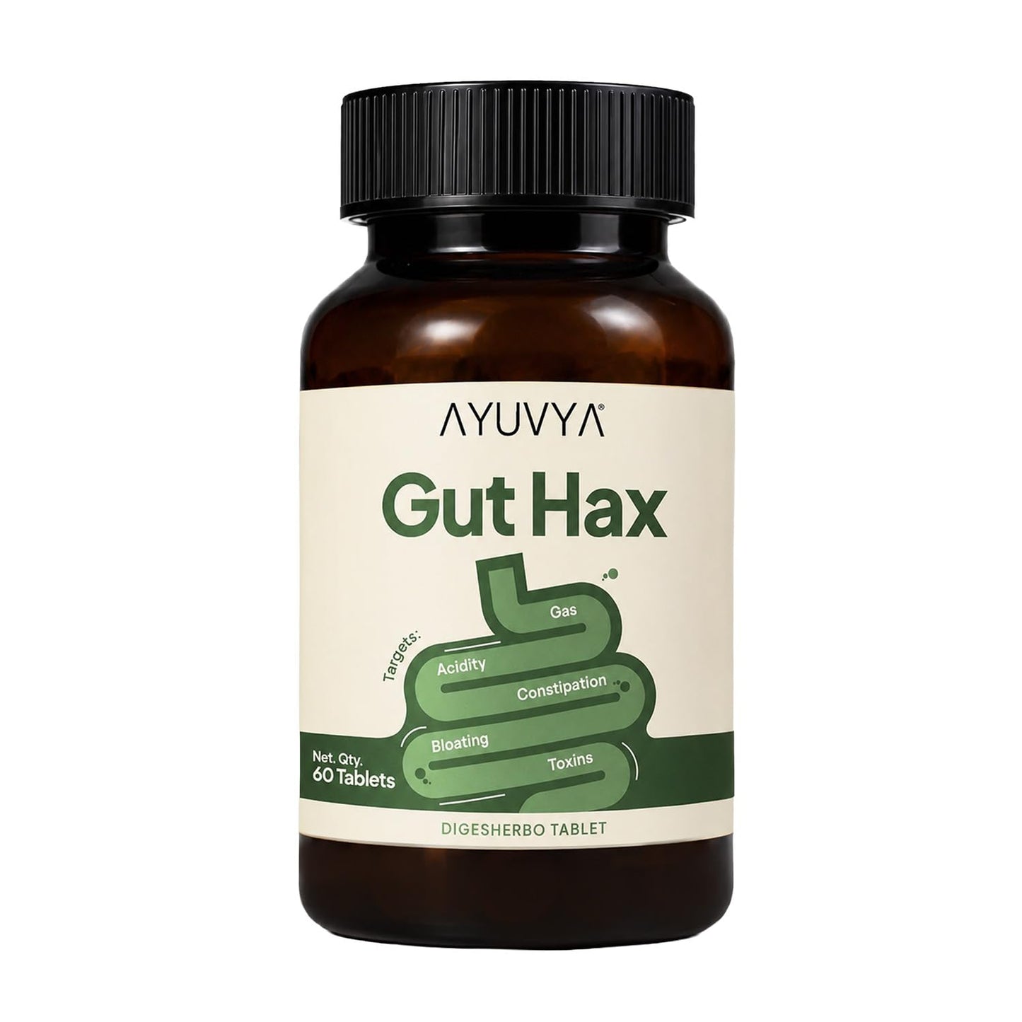 Auvya Gut Hax Ayurvedic Tablets for Gas, Acidity, Bloating & Constipation – 60 Ayurvedic Tablets