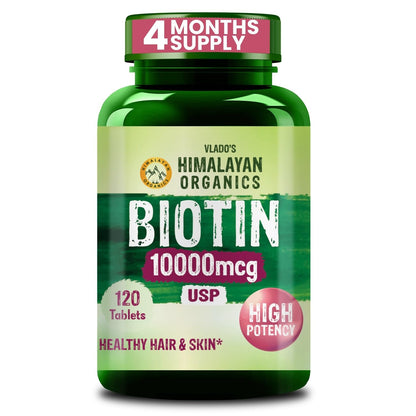 Vlado's Himalayan Organics Biotin Tablets For Hair Growth | 10000 mcg Biotin Supplement | Hair Supplements for Women and Men | Hair Growth Tablets For Men & Womenn - 120 Tablets