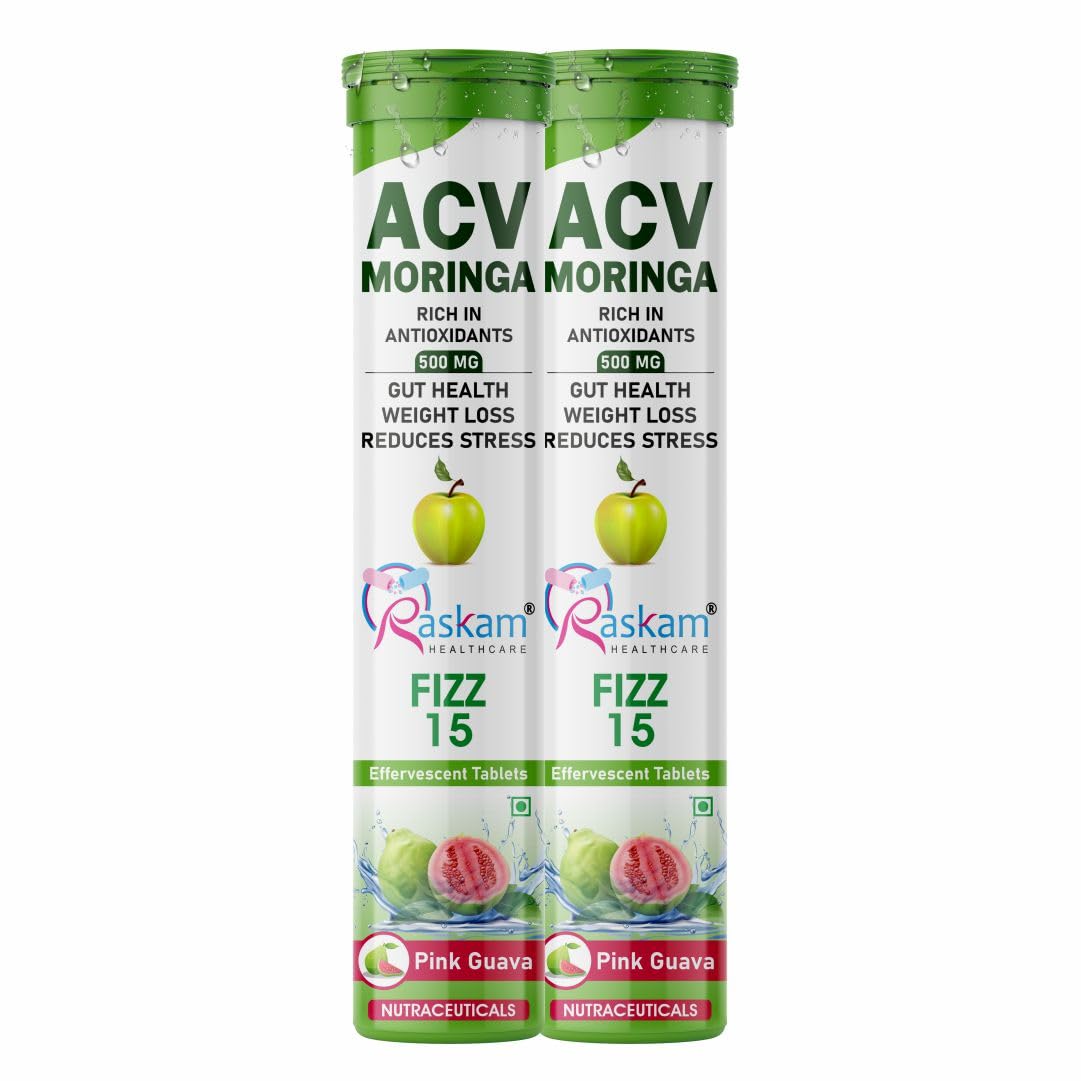 Raskam Apple Cider Vinegar Moringa Fizz Tablets 500mg – 15 Effervescent Tabs (Pack of 2), No Added Sugar