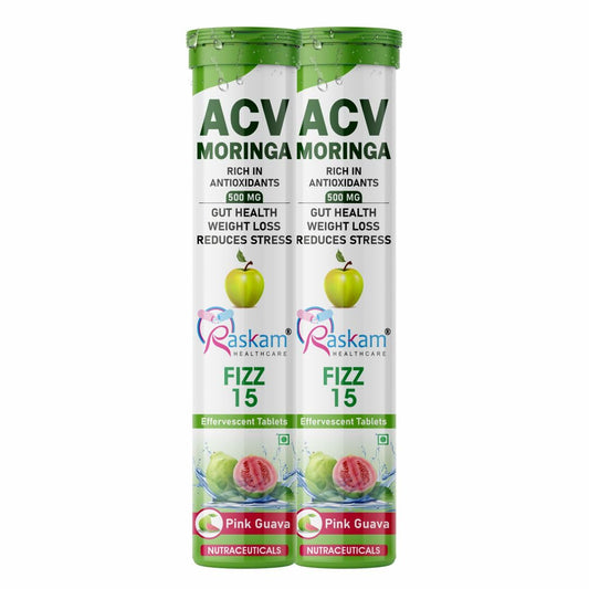 Raskam Apple Cider Vinegar Moringa Fizz Tablets 500mg – 15 Effervescent Tabs (Pack of 2), No Added Sugar