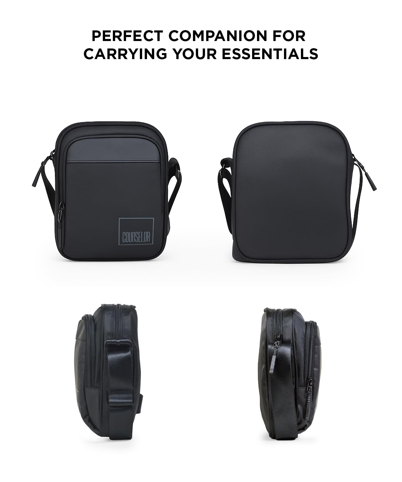 COUNSELOR Sling Bag for Men and Women, Polyester Crossbody Bag, Adjustable Strap, Zipper Closure, Multiple Compartments, Lightweight Stylish Mini Side Bag for Daily Use, Travel LUNO (Black)
