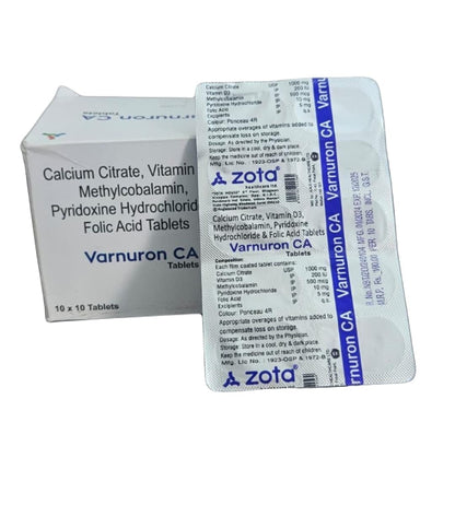 Varnuron CA Calcium Citrate, Vitamin D3, Methylcobalamin, Pyridoxine Hydrochloride & Folic Acid Tablets - Bone & Nerve Health Supplement (10x10 Tablets) NEW