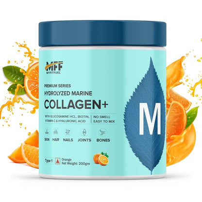 MyFitFuel Hydrolyzed Marine Collagen with Glucosamine, Hyaluronic Acid, Biotin, Zinc & Vitamin C | For Skin, Hair, Nails & Joints (Orange, 200 gm)