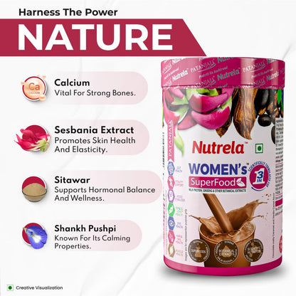 Nutrela Women Superfoods Protein Powder - 400g, Chocolate | Everyday Fitness with Biofermented Multivitamins & Whey Protein to support in Bone & Joints Health , Muscle , Heart , Hair & Nails , Vitality and Mood Stabilizer