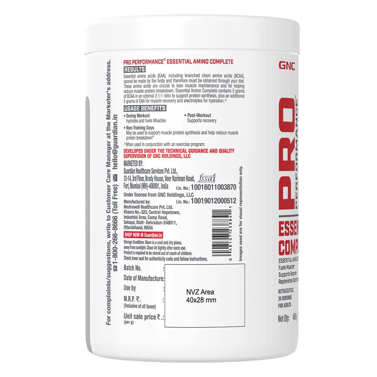 GNC Pro Performance Essential Amino Complete | 450 gm | 30 Servings | Fuels Muscle Growth | Beats Fatigue | Prevents Muscle Cramps | 10g EAA | 100mg Caffeine | 2mg Vitamin B6 | Blue Raspberry