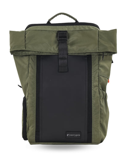 CarryPro HOBO25 V3.0 Roll-Top Zipper Laptop and Camera Travel Backpack (25-30L), Removable Camera Box, Water-Resistant + Raincover, 2-Yr Warranty – For Work, College & Travel (Olive Green)