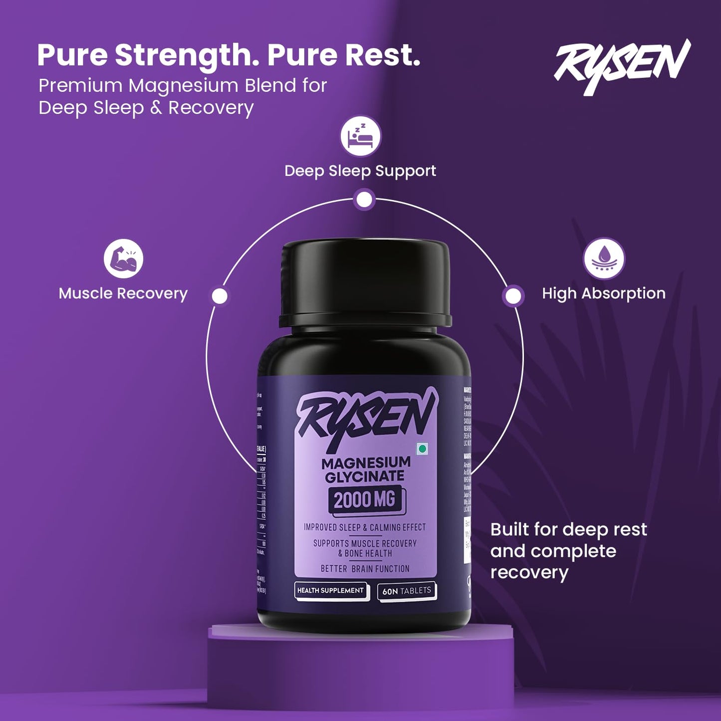 RYSEN Magnesium Glycinate 2000mg (60 Vegan Tablets) | 440mg Elemental Magnesium | High Absorption Chelated Supplement for Sleep, Stress Relief, Muscle Recovery & Calm Mind | Lab Tested For Men & Women