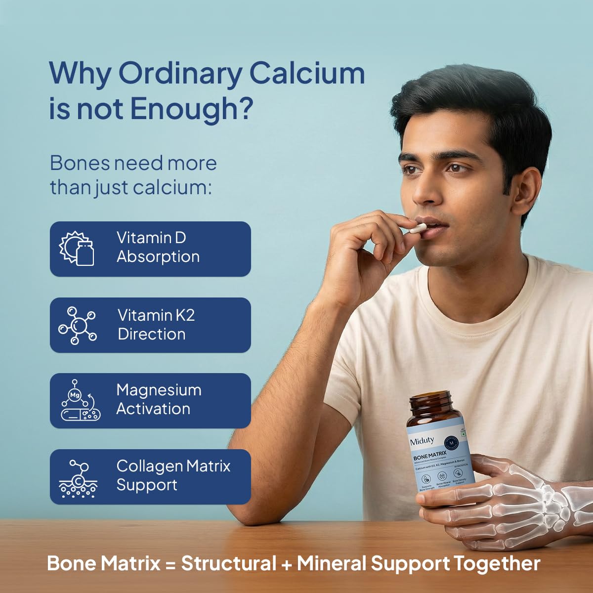 Miduty Bone Matrix – Advanced Calcium Citrate with Vitamin D3 & K2 – Chelated Magnesium, Zinc & Boron – 11-Nutrient Complete Bone Support Formula for Men & Women – 60 Veg Capsules
