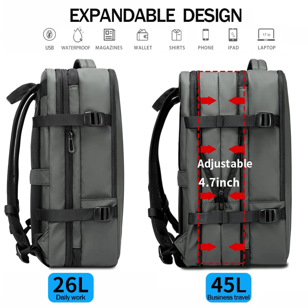 BANGE High Capacity Expandable Water Resistant 15.6 inch Laptop Backpack with USB Charging (Grey 45L)