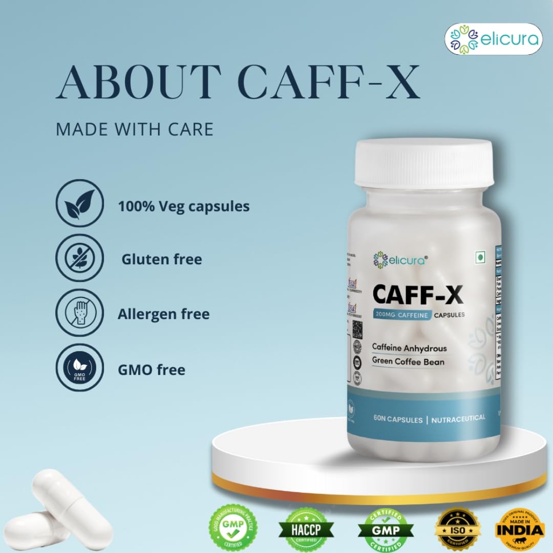 Elicura Caff-X Energy Boost Capsules | 200mg Caffeine for Focus, Mental Alertness & Performance | Green Coffee Bean Extract for Metabolism & Fat Burning | Supports Physical Endurance & Weight Management - 60 Veg Capsules (Pack of 2)