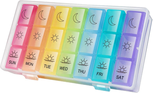 Kepzell Weekly Pill Organizer 3 Times A Day – 7 Day Pill Box – Non-BPA Food Grade Plastic – Lightweight and Travel Friendly – Ideal Pill Case for Supplements, Vitamin, Medication