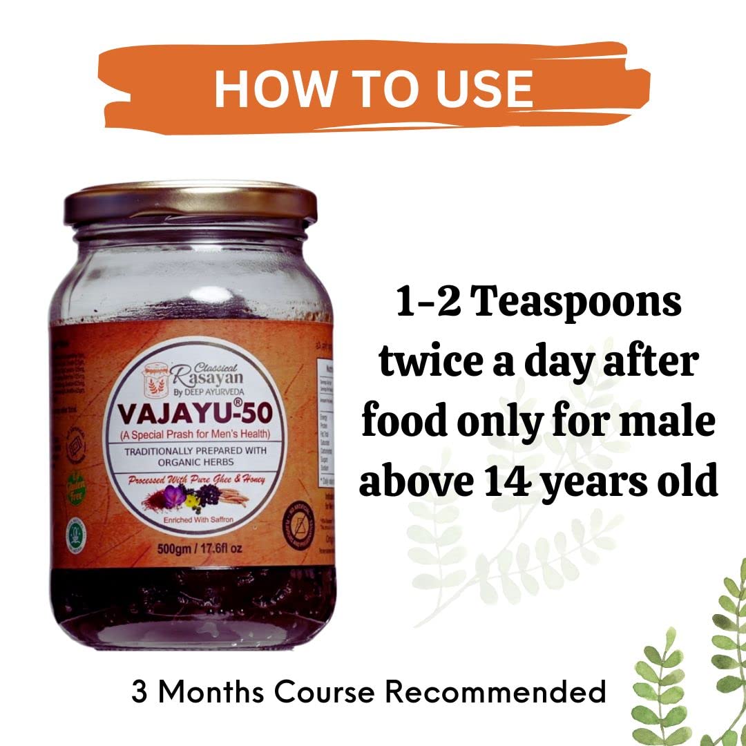 Deep Ayurveda Vajayu® 50 Prash | Ayurvedic Superfood with 30+ Herbs for Men’s Wellness | Boosts Testostrone Level, Energy, Strength, Stamina & Vitality | 500g Pack