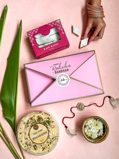 THE SWEET BLEND Raksha Bandhan - Rakhi Gift Hamper 700g Soan Papdi & Kaju Katli with Red Kundan Rakhi | Traditional Indian Mithai & Designer Rakhi Combo