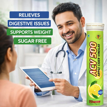 Virgo Healthcare Apple Cider Vinegar Effervescent Tablets ACV 500mg, Lemon Flavour | Instant Fizzy ACV Drink for Digestion, Gut Health, Detox & Weight Management | 20 Tablets