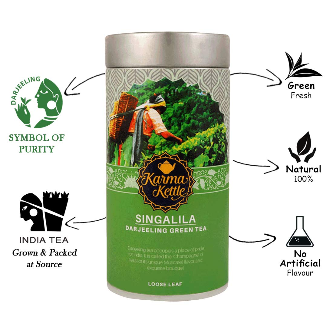 Karma Kettle Singalila Darjeeling Green Tea Loose Leaf Tin, 100 gms