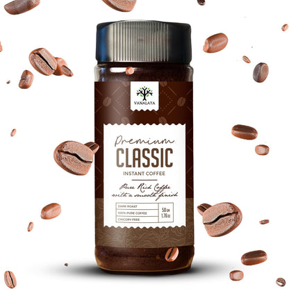 Vanalaya Instant Coffee Powder - 100% Pure Coffee Classic Premium Blend | Dark Roast Bold Flavour Rich Aroma | Chicory Free Coffee Powder 50g
