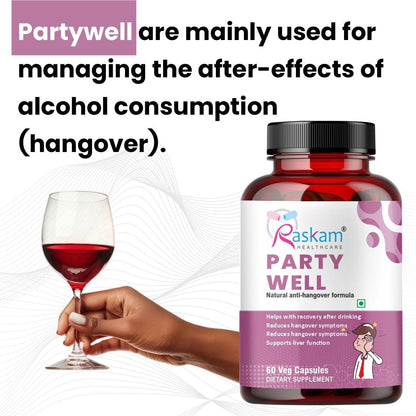 Raskam Party Well 60 Capsules- Anti Hangover Formula- Prevents hangover & Helps Support liver. Herbal Solution, Safe, Effective & Clinically Proven