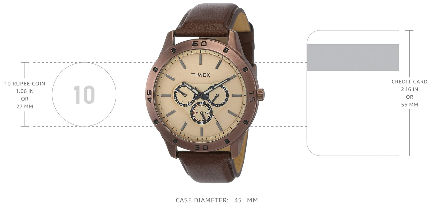 TIMEX Analog Watch for man with Brown Round Dial & Brown Leather Strap Band Water Resistant Men's Wrist Watches - TW000U915