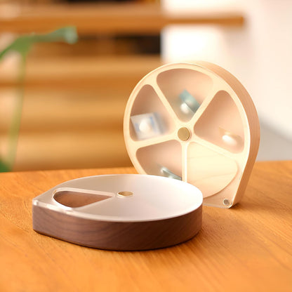 GABS & CO. Wooden Pill Organizer Medicine Holder Tablet Box Daily Pill Case Weekly Pill Box Round Pill Dispenser with Rotating Lid Compartment Storage Vitamin Supplement Container Portable Eco Friendly Natural Wood Health Care Organizer for Home Travel Se